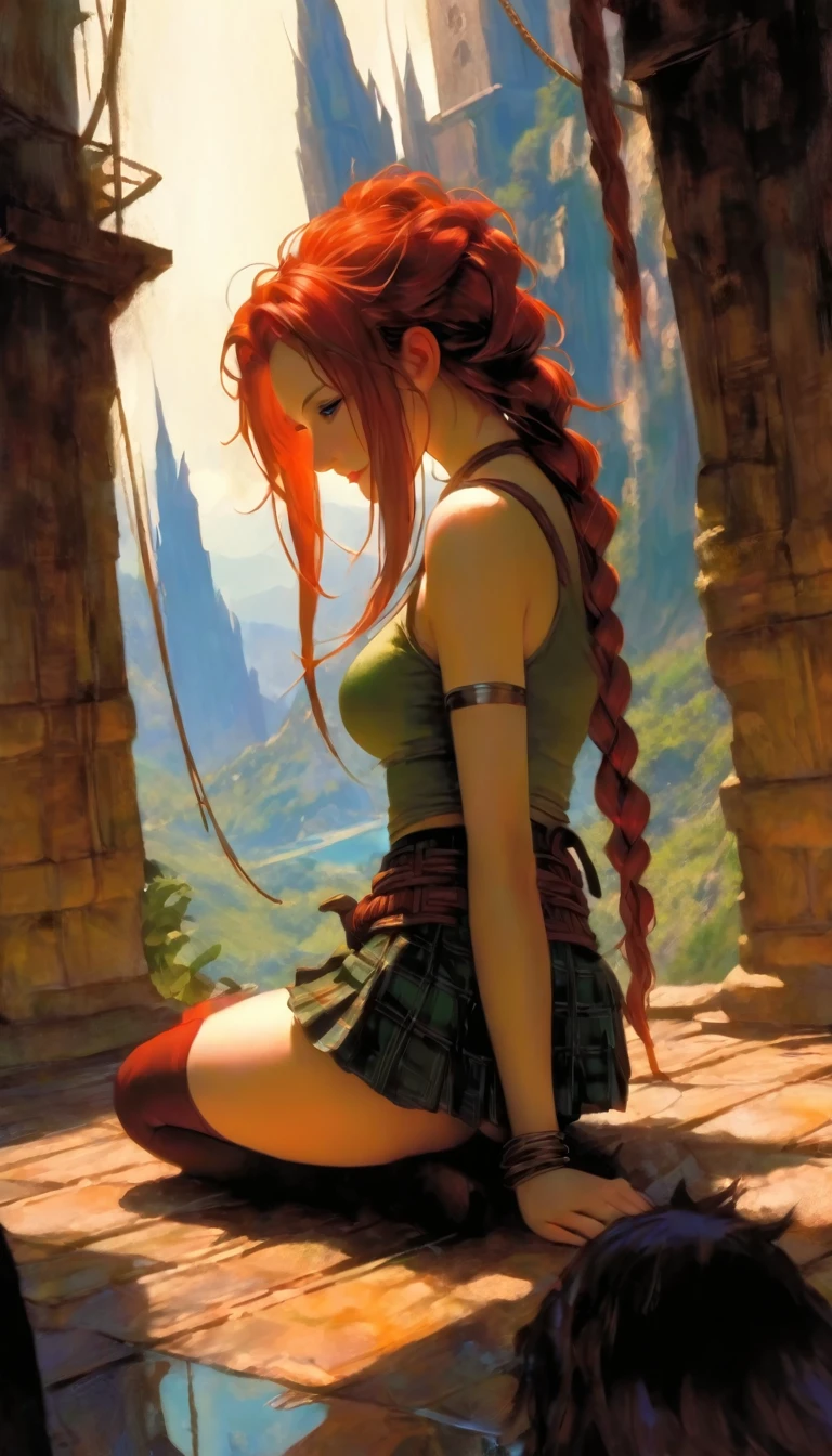 This image represents a beautiful scene from the fantasy world. It is during the day or early afternoon and the atmosphere is calm and great. In the foreground a female character appears sitting with her back to the viewer. She has long red braided hair and wears a plaid miniskirt with stockings and a tank top, very sexy, rope belt. In the background, we see a magnificent city built on a steep mountain or island. The city's architecture is reminiscent of the Middle Ages and the Renaissance, characterized by tall spiers and dense buildings and futuristic elements. High above the city, there are buildings that look like castles and palaces that rise above the rest. Below the city, there are lush green fields and scattered small buildings, which may be farms or towns. The landscape is lush and green with trees surrounding the settlements. Several ships are anchored at the foot of the mountains and islands, suggesting that the city is an important port city. The sky is light blue with very few clouds, indicating that it is daytime or early afternoon. The overall atmosphere is calm and grand, suggesting stories of adventure, exploration, or political intrigue in this fantasy world (art inspired by Bill Sienkiewicz). oil painting)
