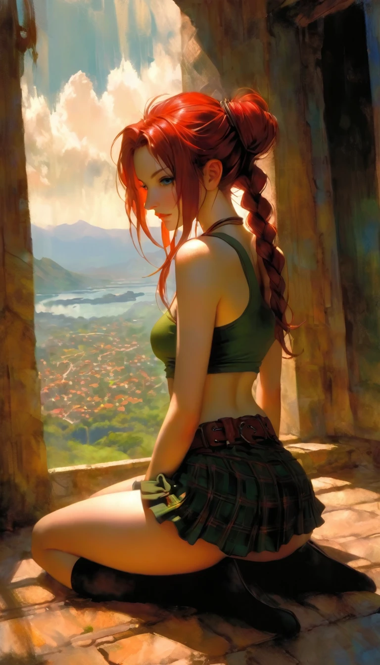 This image represents a beautiful scene from the fantasy world. It is during the day or early afternoon and the atmosphere is calm and great. In the foreground a female character appears sitting with her back to the viewer. She has long red braided hair and wears a plaid miniskirt with stockings and a tank top, very sexy, rope belt. In the background, we see a magnificent city built on a steep mountain or island. The city's architecture is reminiscent of the Middle Ages and the Renaissance, characterized by tall spiers and dense buildings and futuristic elements. High above the city, there are buildings that look like castles and palaces that rise above the rest. Below the city, there are lush green fields and scattered small buildings, which may be farms or towns. The landscape is lush and green with trees surrounding the settlements. Several ships are anchored at the foot of the mountains and islands, suggesting that the city is an important port city. The sky is light blue with very few clouds, indicating that it is daytime or early afternoon. The overall atmosphere is calm and grand, suggesting stories of adventure, exploration, or political intrigue in this fantasy world (art inspired by Bill Sienkiewicz). oil painting)
