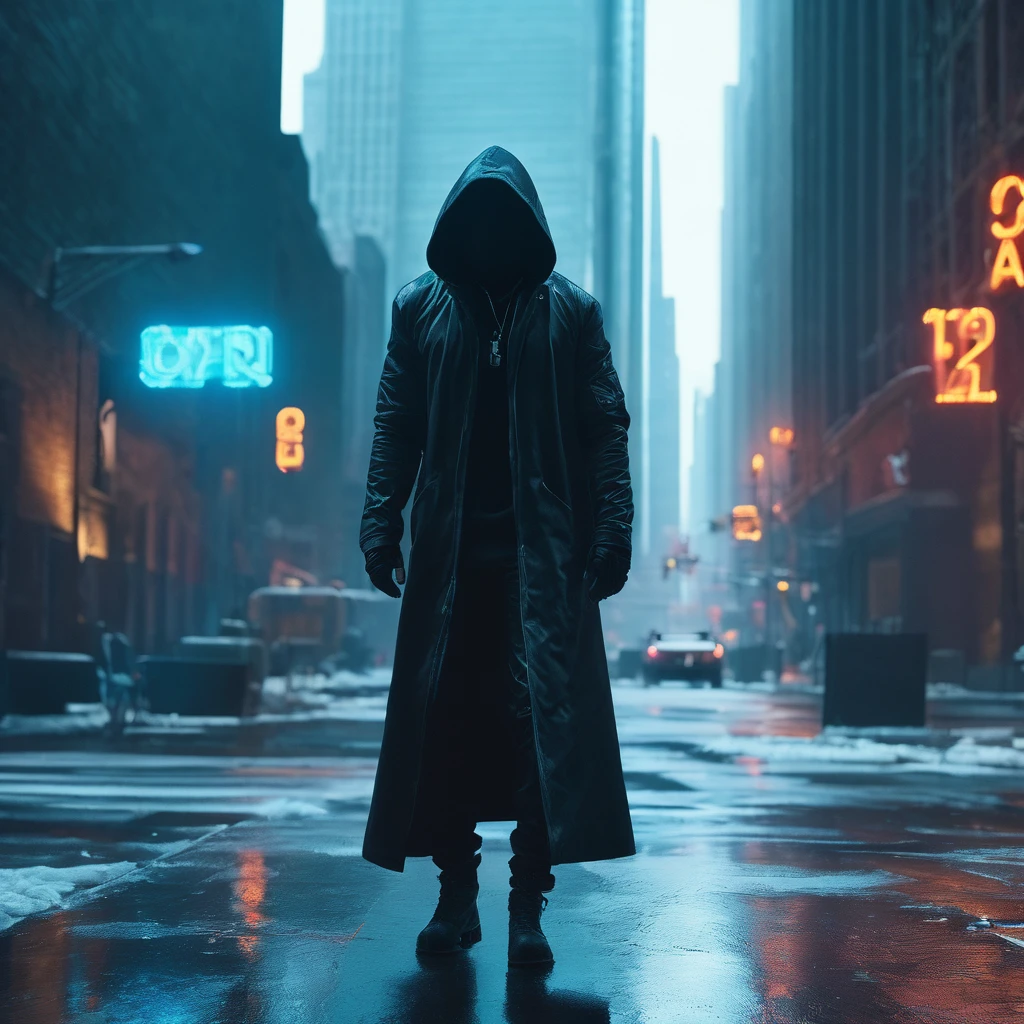 "cinematic still, medium shot on ARRI Alexa 35, a lone hooded figure using chaos magic, low-key color grading, hyper-realistic pop, cyberpunk, Chicago 2087
