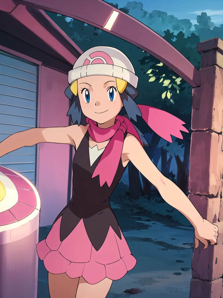 masterpiece, Highest quality, High resolution, One girl, alone, dawn (Pokemon), Pink scarf, Black Shirt, Pink Skirt, Have, Outdoor, Bare shoulders,smile