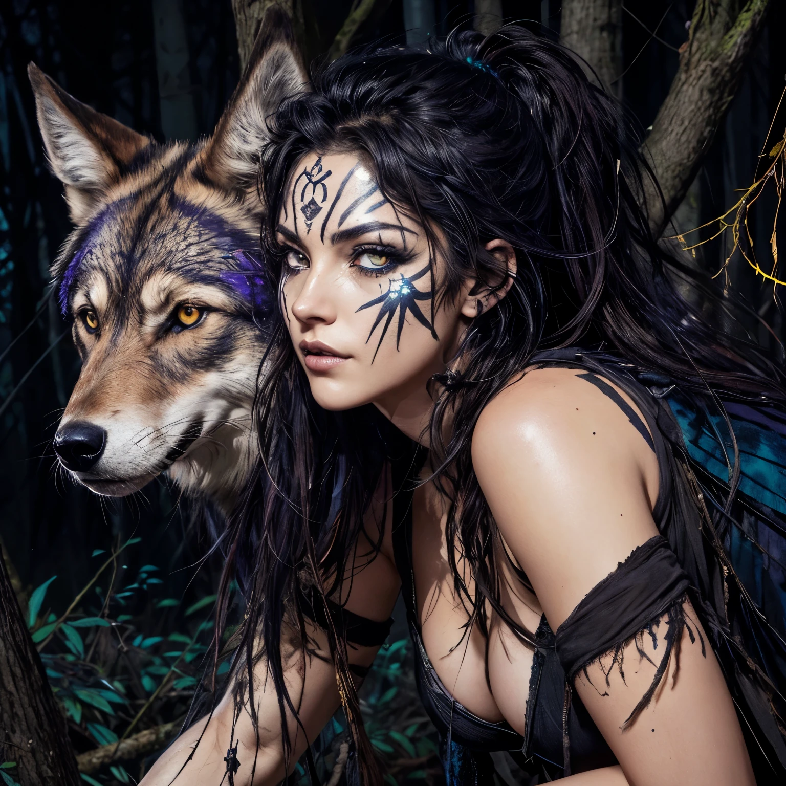 ncient Greek huntress Commanding a wolf pack and ravens, Messy feral hair, glowing wild eyes with glowing face paint. Moonlit forest background. Deep, rich colors and intricate details. Carne Griffiths and Charles Vess