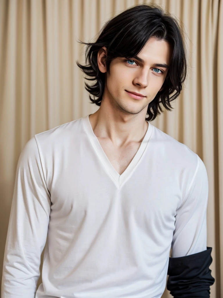 (best quality), 1boy, male, pale skin, black hair, medium hair, curtain hair, tousled hair, green eyes, perfect eyes, dark circles under eyes, tall, slender, handsome, strong jawline, lazy, light smile, attractive, basic black long sleeve v neck shirt, Tomura Shigaraki, masterpiece, anatomically correct, highres