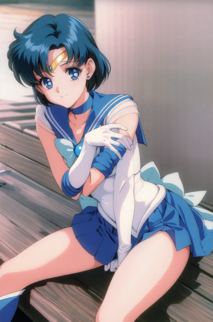 masterpiece, best quality, highres, mer1, tiara, sailor senshi uniform, blue sailor collar, bow, knee boots, choker, white gloves, blue choker, elbow gloves, jewelry, earrings, blue skirt, cowboy shot, 1990s \(style\), sitting, bench