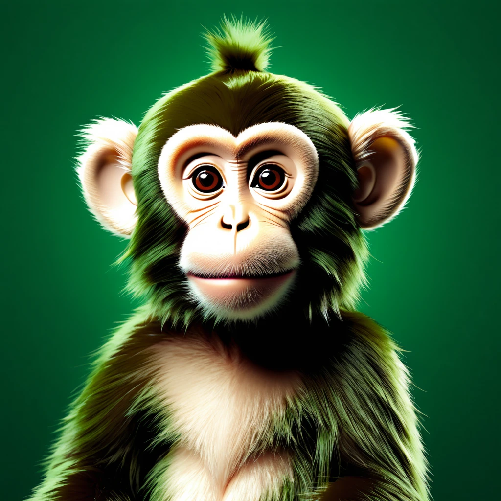 Facecard of a fluffy plush monkey on an infinite dark green background