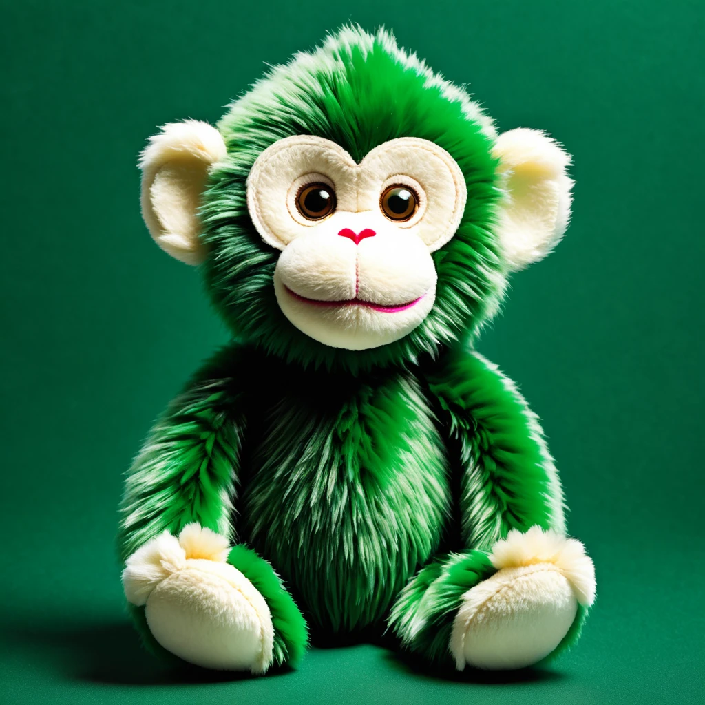 Facecard of a fluffy plush monkey on an infinite dark green background