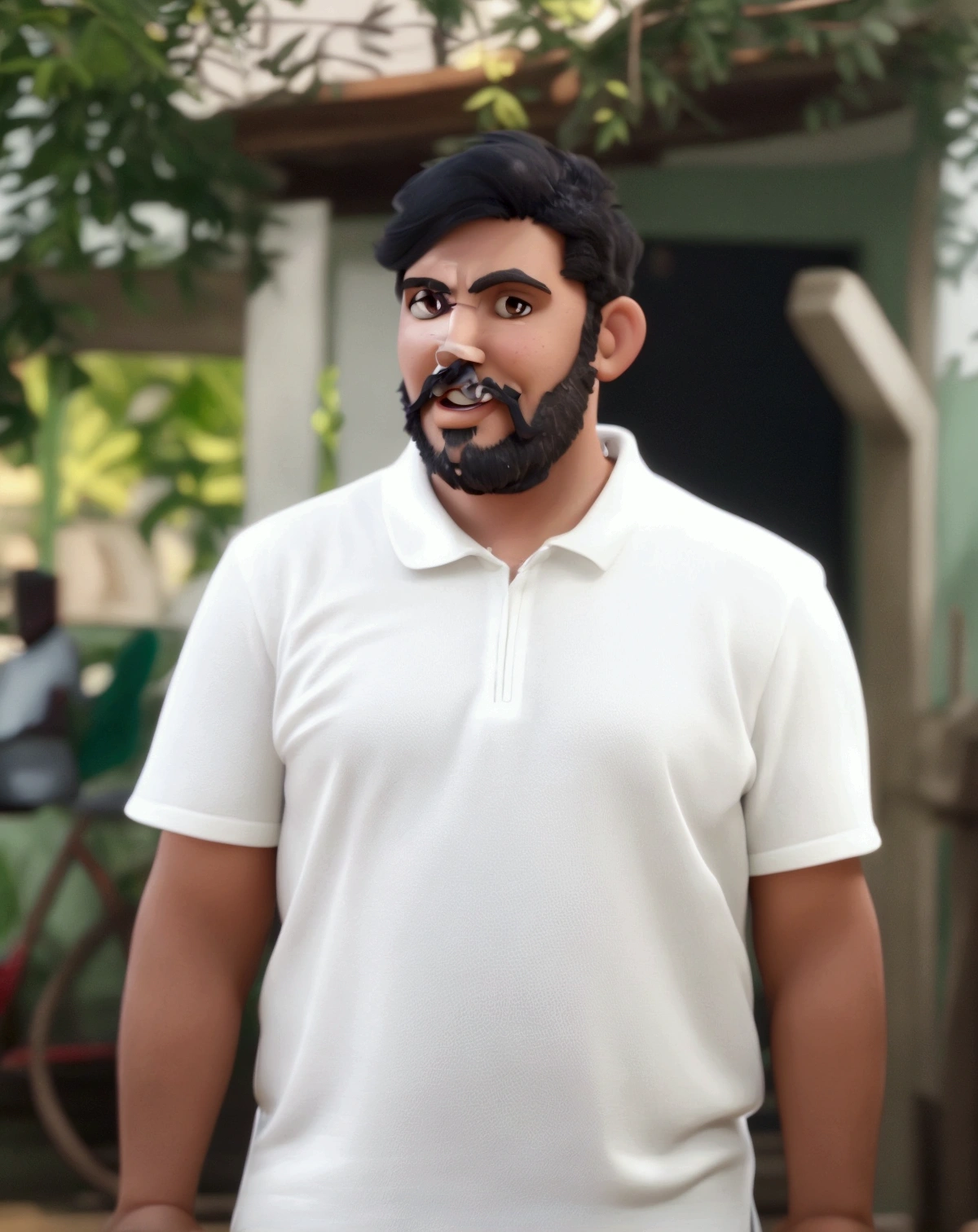 Cartoon character of a man with mustache and beard, black and straight hair, smiling white shirt, an animated character, stylized character, animation style rendering, 3d stylized, Arnold Maya rendering, Stylized 3D rendering, toon render screenshot, 3d character, 3d character, Stylized 3D rendering, 3D character rendering, cartoon character, Personagem de close up, character posing, (Pixar-style) (master part:1.2) (bokeh) (best qualityer) (skin detailed) (detailed texture) (8k) (Argilla) (cinematic lighting) (sharp focus,Sit down and lift your upper body