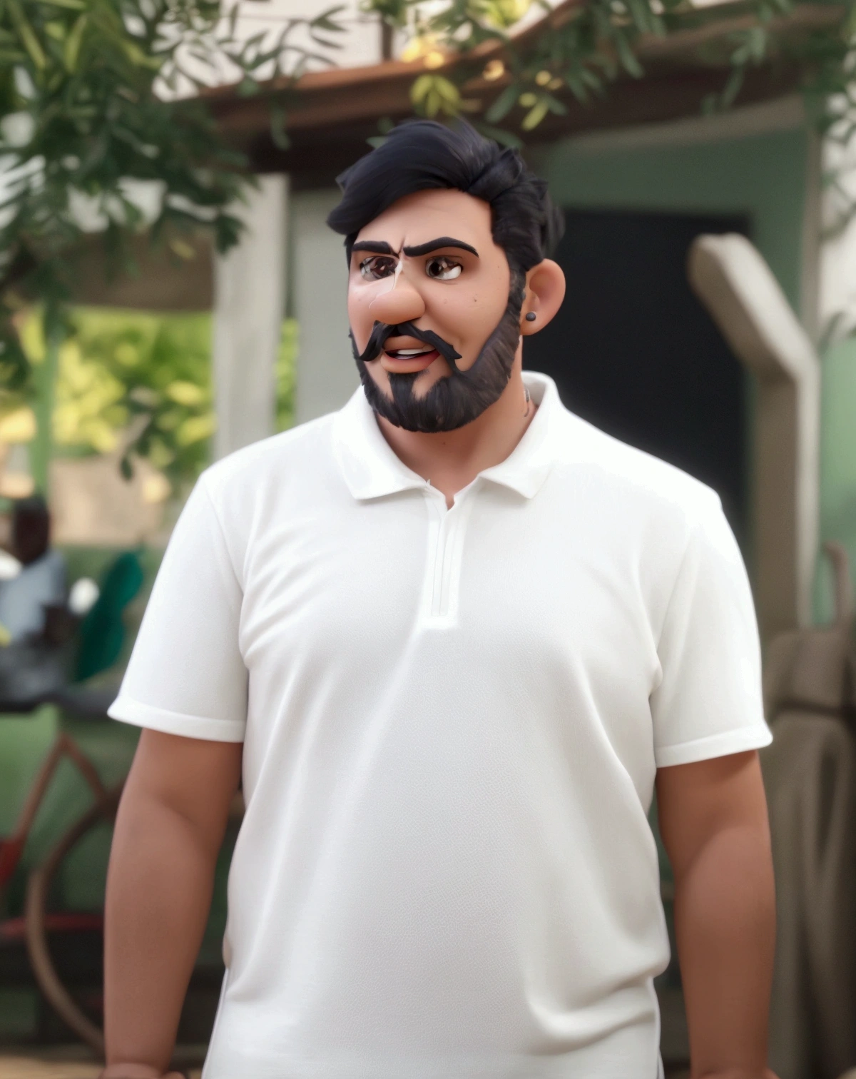 Cartoon character of a man with mustache and beard, black and straight hair, smiling white shirt, an animated character, stylized character, animation style rendering, 3d stylized, Arnold Maya rendering, Stylized 3D rendering, toon render screenshot, 3d character, 3d character, Stylized 3D rendering, 3D character rendering, cartoon character, Personagem de close up, character posing, (Pixar-style) (master part:1.2) (bokeh) (best qualityer) (skin detailed) (detailed texture) (8k) (Argilla) (cinematic lighting) (sharp focus,Sit down and lift your upper body