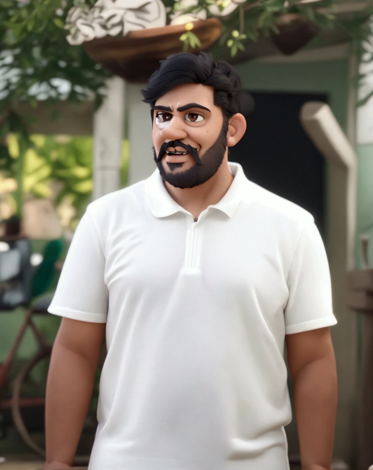 Cartoon character of a man with mustache and beard, black and straight hair, smiling white shirt, an animated character, stylized character, animation style rendering, 3d stylized, Arnold Maya rendering, Stylized 3D rendering, toon render screenshot, 3d character, 3d character, Stylized 3D rendering, 3D character rendering, cartoon character, Personagem de close up, character posing, (Pixar-style) (master part:1.2) (bokeh) (best qualityer) (skin detailed) (detailed texture) (8k) (Argilla) (cinematic lighting) (sharp focus，Sit down and lift your upper body