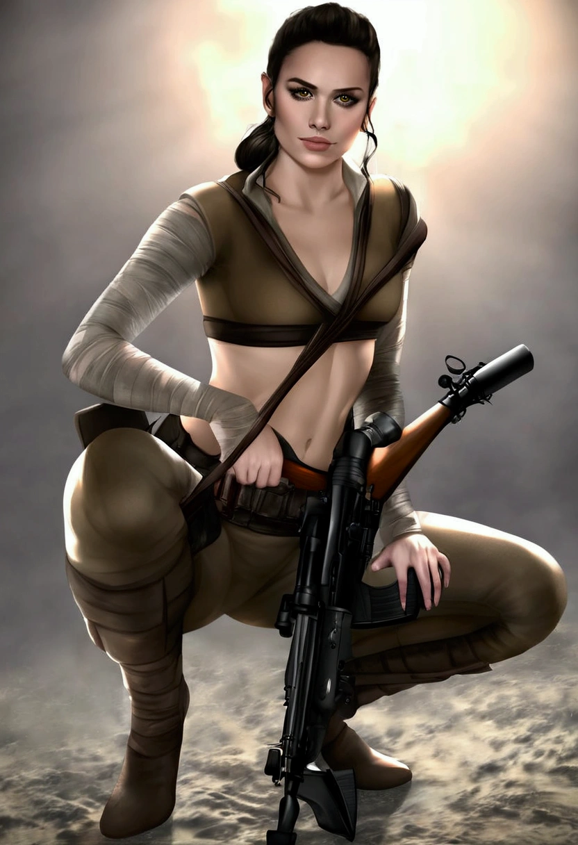 a highly detailed portrait of Rey Skywalker as a sniper, beautiful detailed eyes, beautiful detailed lips, extremely detailed eyes and face, long eyelashes, military uniform, midriff, holding a scoped rifle, holding a rifle, aiming rifle at viewer, assassin, crouching in a sniper position, icy mountain terrain, moody dramatic lighting, cinematic composition, photorealistic, 8k, hyper detailed