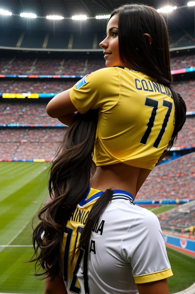 Create an image of a girl in a stadium with the Colombia shirt on her back and that has the number 17 and the name Gina that the girl is brunette with long black hair