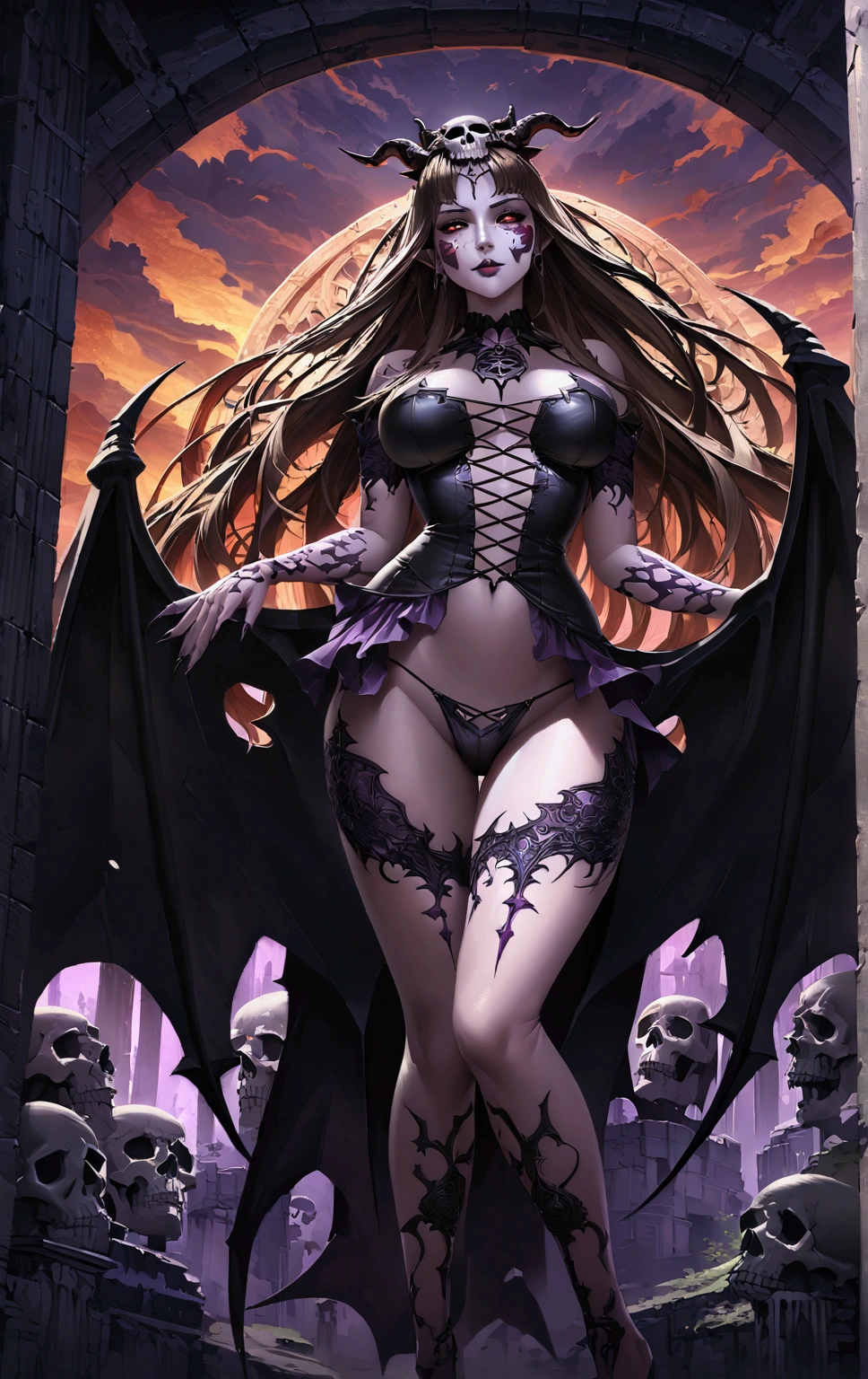 from below, 1girl, full body portrait, ancient succubus, day of the dead facepaint and bodypaint, with legs spread wide open, open legs, demon wings, horns, scary detailed art in color, aroused expression, busty, curvy hips, sexy, alluring, posing with open legs, sheer hipster panties, highly detailed fantasy art, beautiful fantasy art portrait, intricate detailed digital art, highly detailed digital painting, digital art fantasy art, mark brooks detailed, detailed fantasy digital art, amazing detail digital art, close-up portrait demoness skull,