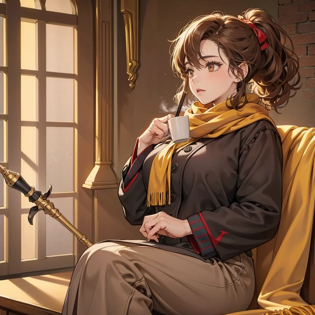one, Harry Potter. adult woman, Plump, curly hair tied in a ponytail, very light coffee, Brown eyes, Griffyndor, Magic wand, yellow scarf with red, black and gray