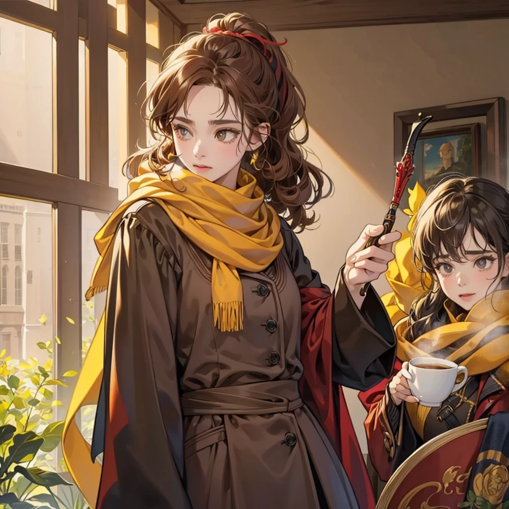 one, Harry Potter. adult woman, Plump, curly hair tied in a ponytail, very light coffee, Brown eyes, Griffyndor, Magic wand, yellow scarf with red, black and gray