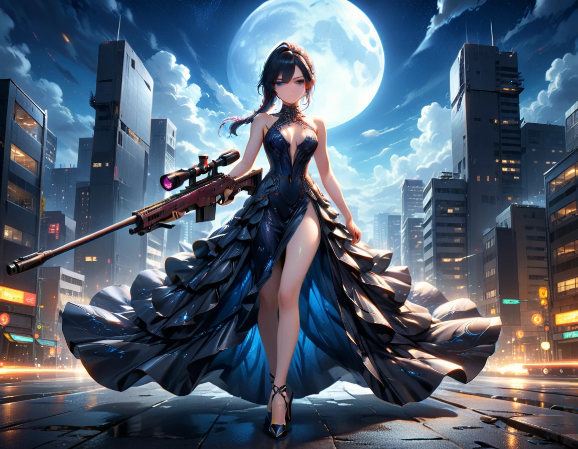 a portrait picture of a 1single woman sniper, standing in a window aiming a sniper rifle, an exotic beautiful woman sniper, dynamic hair, braided hair, full body shop, intense blue eyes, ultra detailed face, wearing (intricate evening dress: 1.5), elegant dress, dynamic color, dynamic style, wearing elegant stiletto heels , behind a window in a tall building at nigh, aiming a Light Sniper Rifle , cyberpunk city background, its night time, moon rays, some clouds,  (full body shot: 1.1) , vibrant, Ultra-high resolution, High Contrast, (masterpiece:1.5), highest quality, Best aesthetics), best details, best quality, highres, ultra wide angle, 16k, [ultra detailed], masterpiece, best quality, (extremely detailed) Sniper Rifle, 