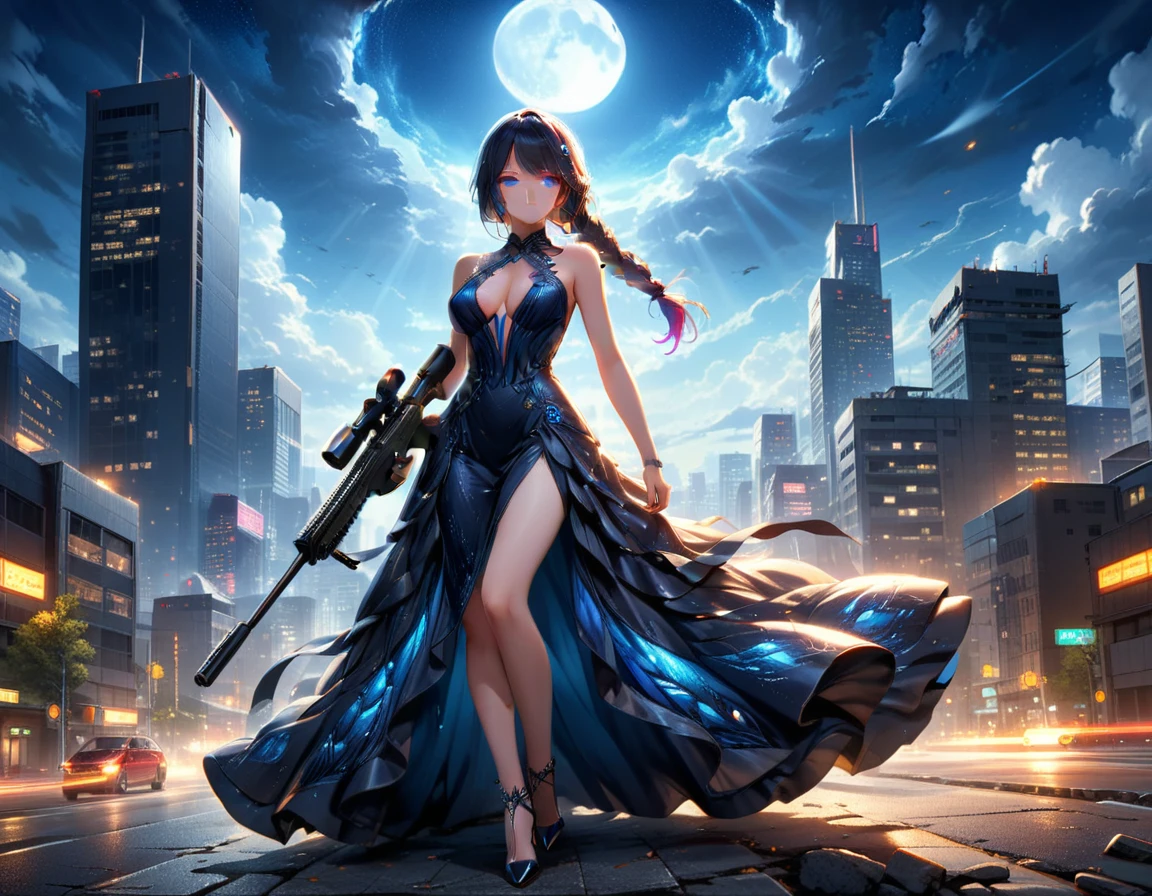 a portrait picture of a 1single woman sniper, standing in a window aiming a sniper rifle, an exotic beautiful woman sniper, dynamic hair, braided hair, full body shop, intense blue eyes, ultra detailed face, wearing (intricate evening dress: 1.5), elegant dress, dynamic color, dynamic style, wearing elegant stiletto heels , behind a window in a tall building at nigh, aiming a Light Sniper Rifle , cyberpunk city background, its night time, moon rays, some clouds,  (full body shot: 1.1) , vibrant, Ultra-high resolution, High Contrast, (masterpiece:1.5), highest quality, Best aesthetics), best details, best quality, highres, ultra wide angle, 16k, [ultra detailed], masterpiece, best quality, (extremely detailed) Sniper Rifle, 