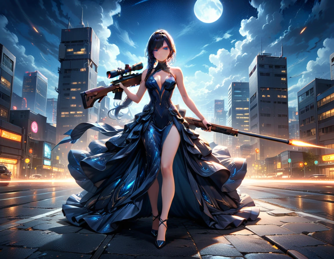 a portrait picture of a 1single woman sniper, standing in a window aiming a sniper rifle, an exotic beautiful woman sniper, dynamic hair, braided hair, full body shop, intense blue eyes, ultra detailed face, wearing (intricate evening dress: 1.5), elegant dress, dynamic color, dynamic style, wearing elegant stiletto heels , behind a window in a tall building at nigh, aiming a Light Sniper Rifle , cyberpunk city background, its night time, moon rays, some clouds,  (full body shot: 1.1) , vibrant, Ultra-high resolution, High Contrast, (masterpiece:1.5), highest quality, Best aesthetics), best details, best quality, highres, ultra wide angle, 16k, [ultra detailed], masterpiece, best quality, (extremely detailed) Sniper Rifle, 