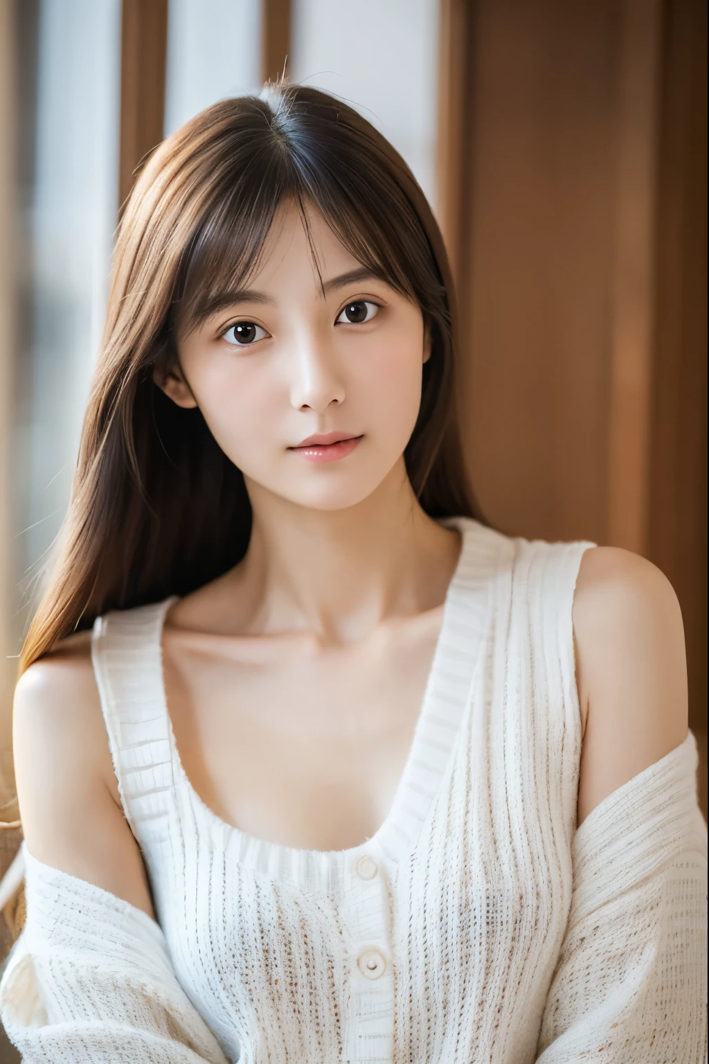 masterpiece, highest quality, Photoreal, Super detailed, finely, High resolution, 8k wallpaper, Professional, Advanced level of detail, 1 girl, thin japanese woman, ((facing the front)), detailed clavicle, perfect face, straight hair, white tokkuri sweater、pose for a full body shot