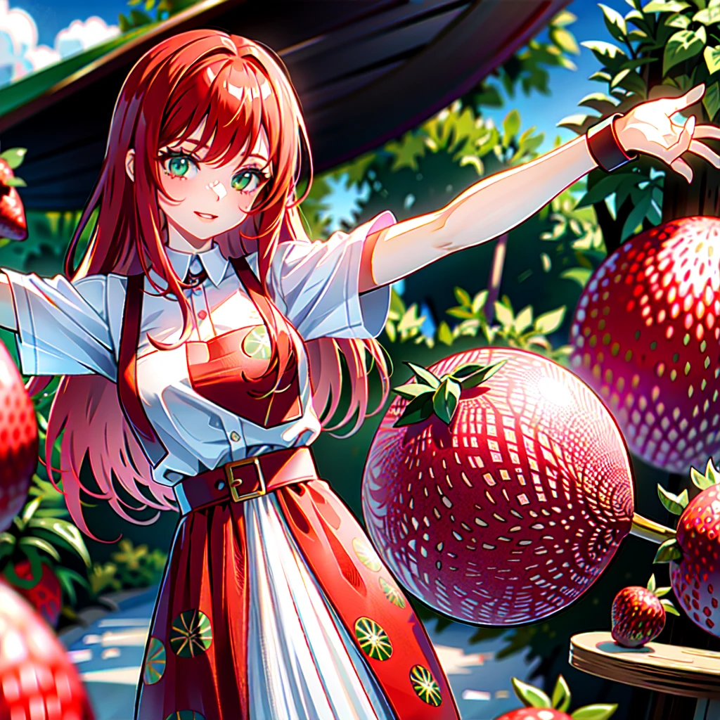 A red-haired girl, with green eyes, dressed in a strawberry print