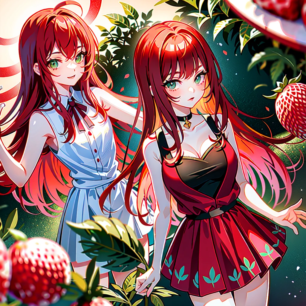 A red-haired girl, with green eyes, dressed in a strawberry print