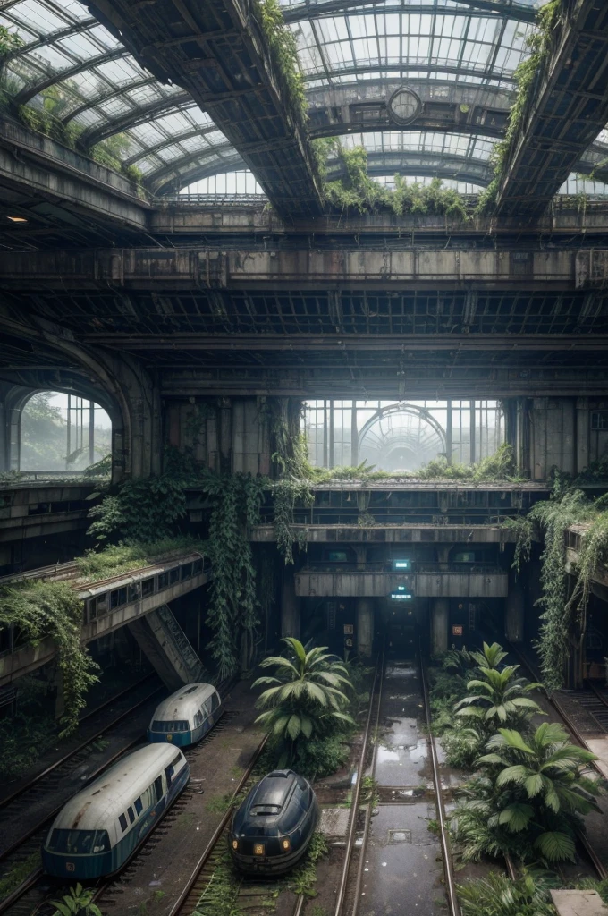 a large abandoned futuristic railway station hall, overgrown with plants, seen from above, detailed machinery, abandoned technology, futuristic architecture, moody lighting, lush vegetation, nature reclaiming the space, intricate details, atmospheric, cinematic, muted colors, high contrast, photorealistic, 8k, best quality, masterpiece