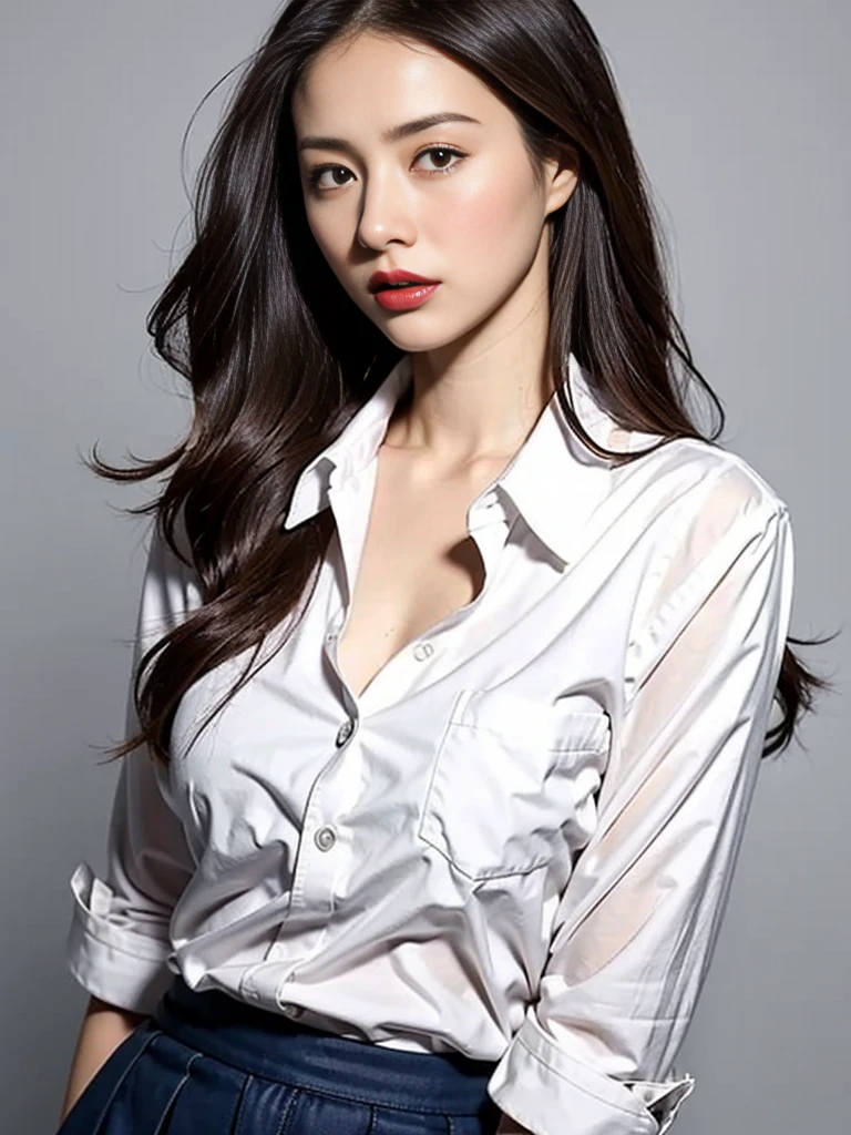 Gray background、pubic hair、Large Breasts、Thighs、Red lipstick、(((Glaring)))、Curly Hair、Disheveled Hair、Cute woman、high school girl、White shirt、Navy frill mini skirt、