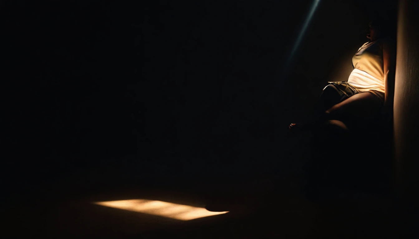 Person sitting in the fetal position in a dark corner. Gradually, the darkness is penetrated by rays of colored light, representing hope and healing. Photorealistic style with dramatic use of light and shadow, high definition, realistic style with touches of divine light, cinematic style, soft colors. Photorealism style, high resolution, 8k