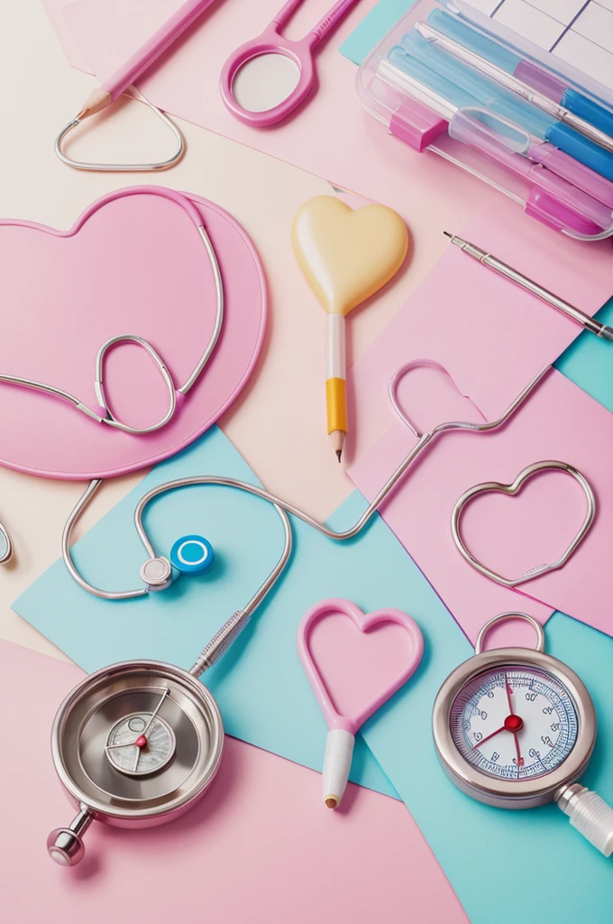 Heart in pastel colors, pencils, creyones, Stories , smiles and gestures of affection, syringe, thermometer, stethoscope and fish