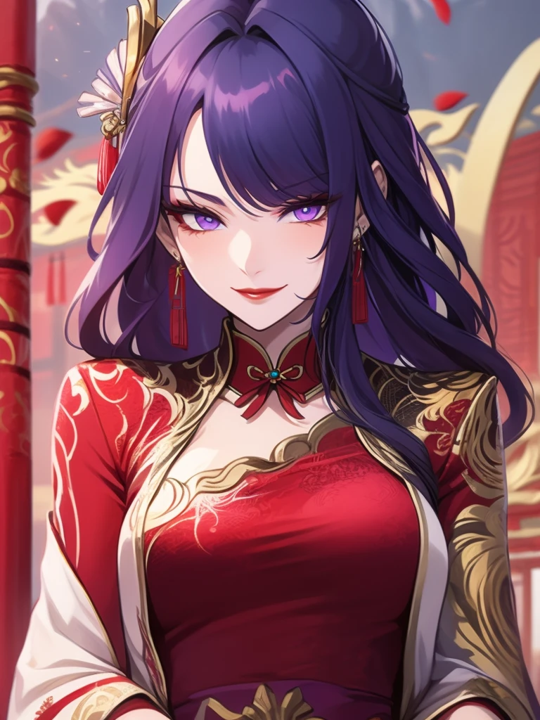 score_9, score_8_up, score_7_up, score_6_up, score_5_up, score_4_up, Raiden shogun, purple eyes, purple long hair, tied hair, hair in a bun, hairpin, traditional Chinese red wedding hanfu dress, Yourqipao Red Embroidery Chinese Xiuhe Hanfu Women's Satin Cheongsam Ancient Traditional Chinese Bride, Wedding Dress, Long Dresses, long earrings, red lipstick, detailed eyes, traditional wear, sexy attractive, hot, traditional, smiling widely, happy, blushing, gold jewelry, gold earrings, gold headdress and ring,