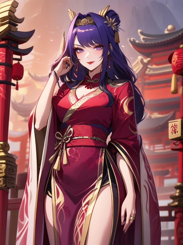 score_9, score_8_up, score_7_up, score_6_up, score_5_up, score_4_up, Raiden shogun, purple eyes, purple long hair, tied hair, hair in a bun, hairpin, traditional Chinese red wedding hanfu dress, Yourqipao Red Embroidery Chinese Xiuhe Hanfu Women's Satin Cheongsam Ancient Traditional Chinese Bride, Wedding Dress, Long Dresses, long earrings, red lipstick, detailed eyes, traditional wear, sexy attractive, hot, traditional, smiling widely, happy, blushing, gold jewelry, gold earrings, gold headdress and ring,