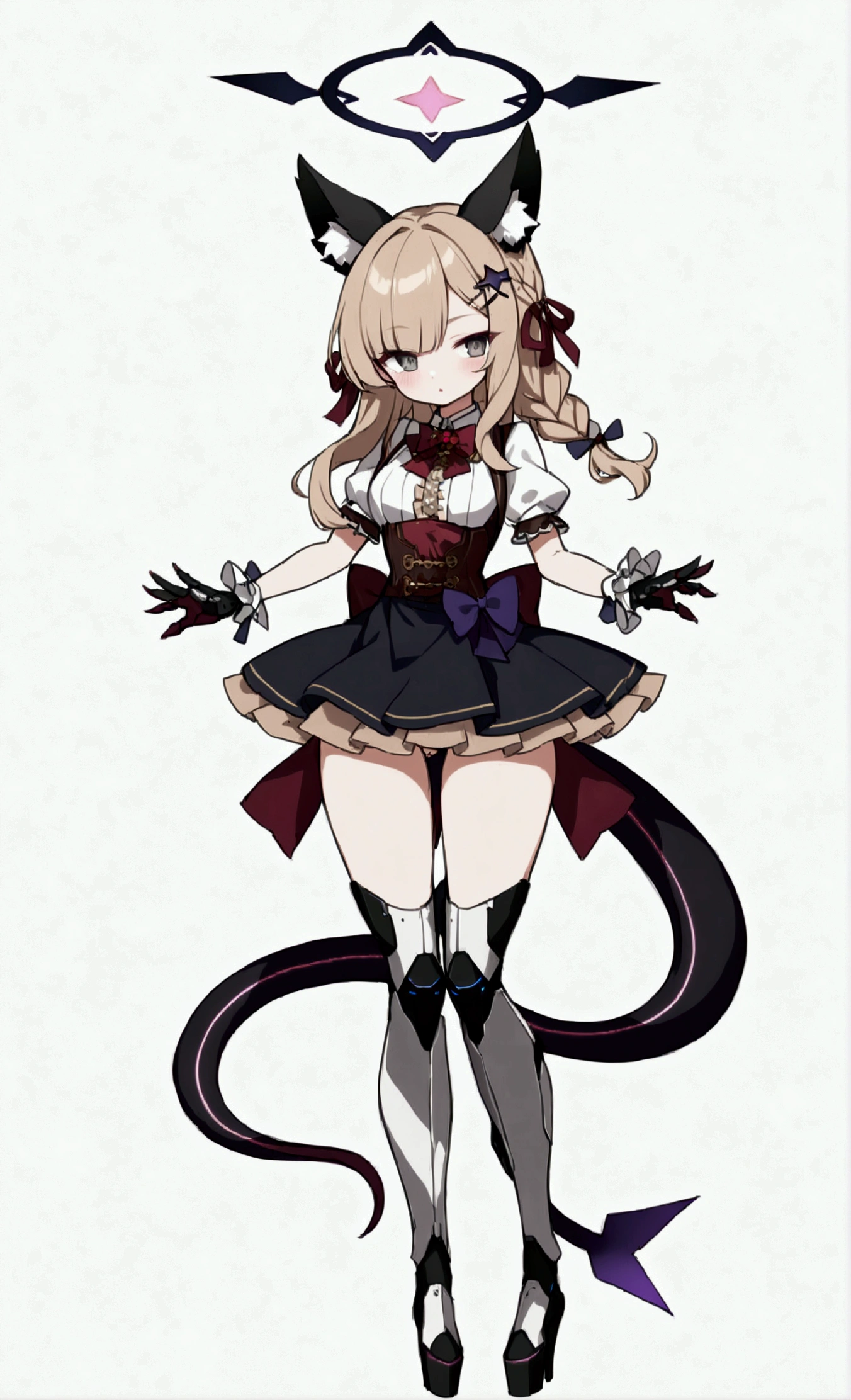 Woman 170cm tall, medium chest, wide hip, slim build, charming look, (dark blonde hair), ((hip length loose wavy hair, asymmetrical bangs, star hairpin)), (a short braid on the left and right side of the hair tied with an elegant purple ribbon), (small ribbons at the back of the hair), ((Gray eyes with a pink 4-pointed star in the pupil)), (two black fox ears located on the top of the head), (luminous black halo in the shape of a 4-pointed star on the head), ((It has a small black succubus tail that ends in the shape of a heart)), (((He has complex futuristic mechanical legs that reach up to his thighs., The legs are dark gray with small burgundy and black details))), (elegant thigh-length one-piece dress, small Vinotinto bowtie on the neck of the dress, white bust with vertical black lines, ruffled lace skirt, short sleeves with ruffles, big bow on the back of the hip of the dress, ribbon decorations and star patterns on the dress), black ruffled gloves, Black platform heels, gray belt at the waist with a large ribbon with a luminous pink heart in the middle, black necklace with a heart pendant on the neck, (((character design sheet: front view))), ((whole body)), extremely detailed beautiful hair, beautiful detailed dress, extremely detailed arms, extremely detailed face, (Extremely detailed hands), perfect hands, small face, Beautiful detailed eyes, beautiful detailed lips, adorable, extremely detailed legs, (Best Quality, 8k, high resolution), ultra detailed, Exquisite and epic character art, ((White background)), (Focus on symmetry), (beautiful detailed succubus tail)