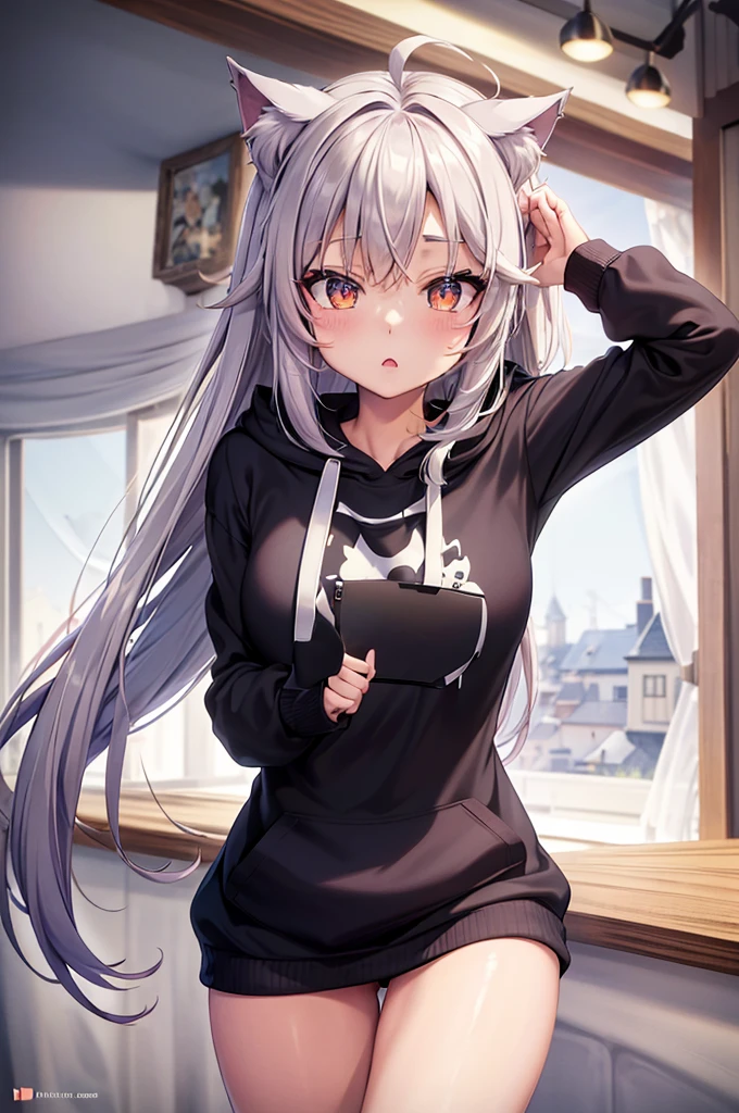 catgirl, 1gir, cat ears, ((cute)), masterpiece, best quality, perfect face, hoodie, hood, looking up, high angle, smal, furr, cozy, warm, window, night, long hoodie, no_pants, 4k, wallpaper, close up, digital art, anime style, beautiful eyes, intimate