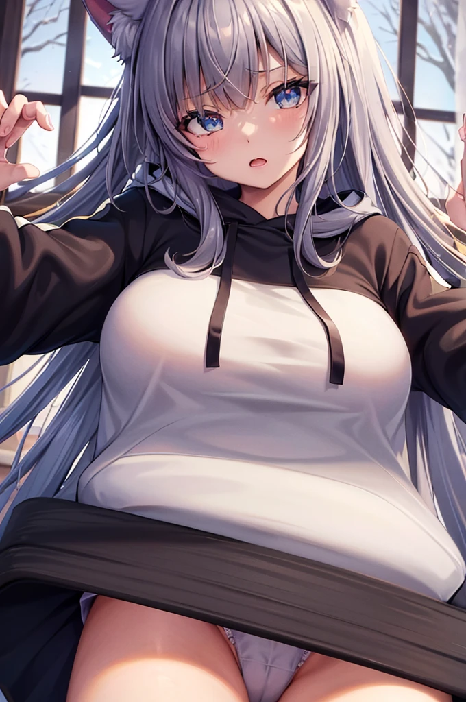 catgirl, 1gir, cat ears, ((cute)), masterpiece, best quality, perfect face, hoodie, hood, looking up, high angle, smal, furr, cozy, warm, window, night, long hoodie, no_pants, 4k, wallpaper, close up, digital art, anime style, beautiful eyes, intimate