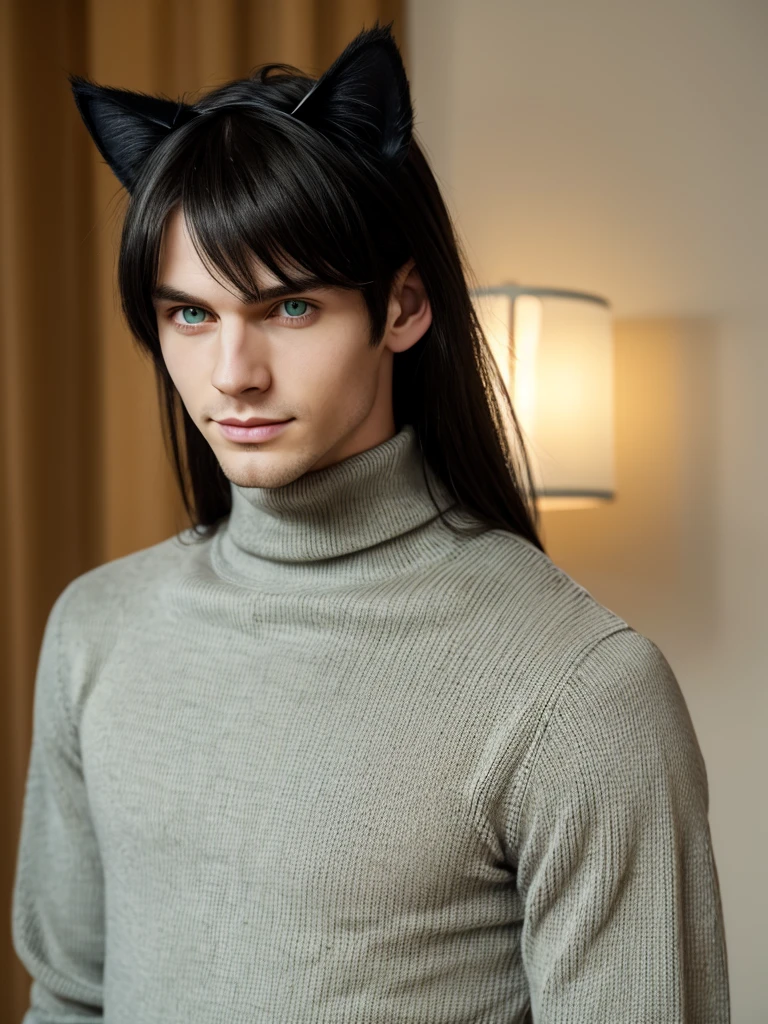 (best quality), 1boy, male, pale skin, black hair, medium hair, curtain hair, tousled hair, green eyes, perfect eyes, dark circles under eyes, tall, slender, handsome, strong jawline, lazy, light smile, attractive, (cat ears), turtleneck sweater, masterpiece, anatomically correct, highres