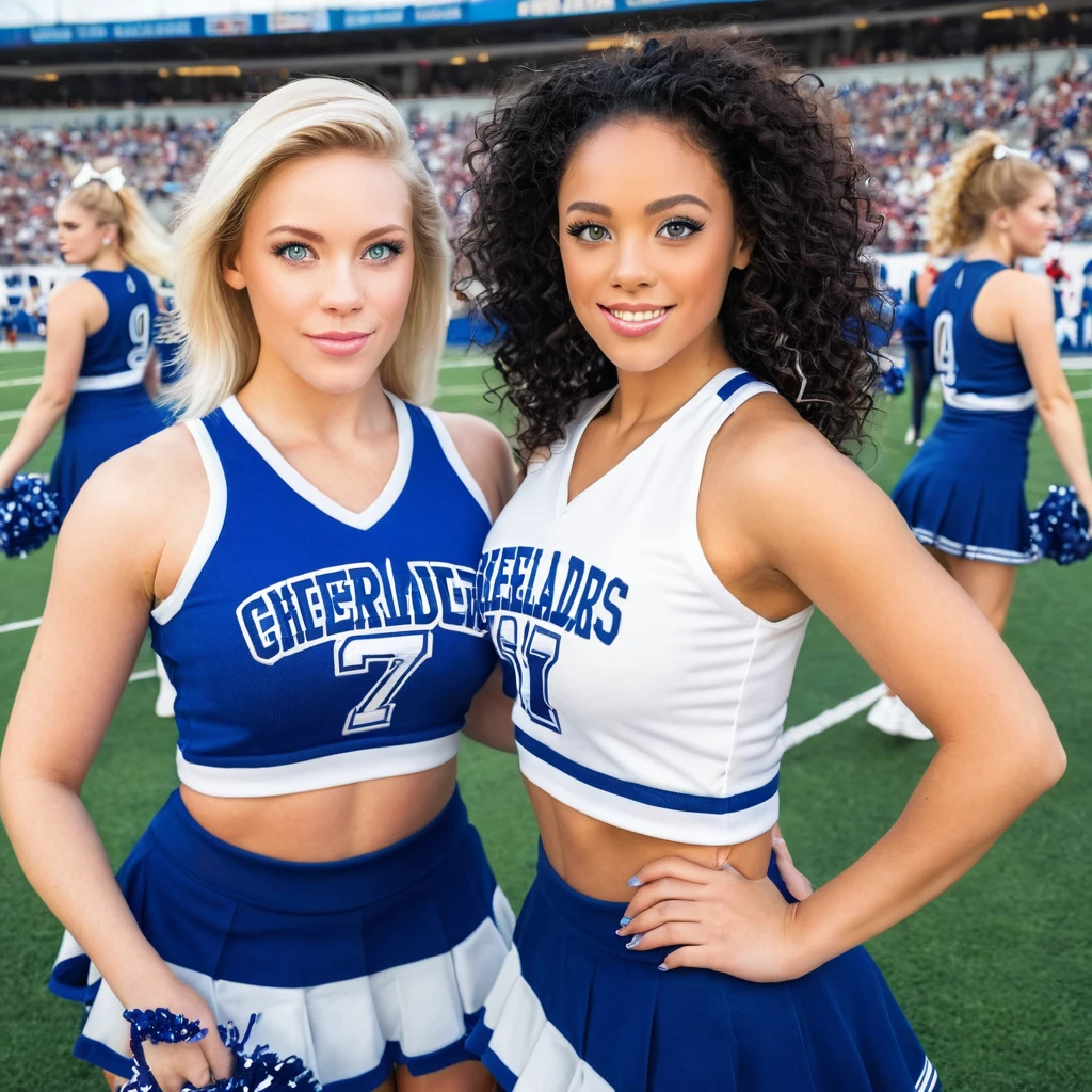 1 beautiful biracial woman with blue eyes and 1 beautiful white woman with dark hair, in cheerleaders jersey, large breast