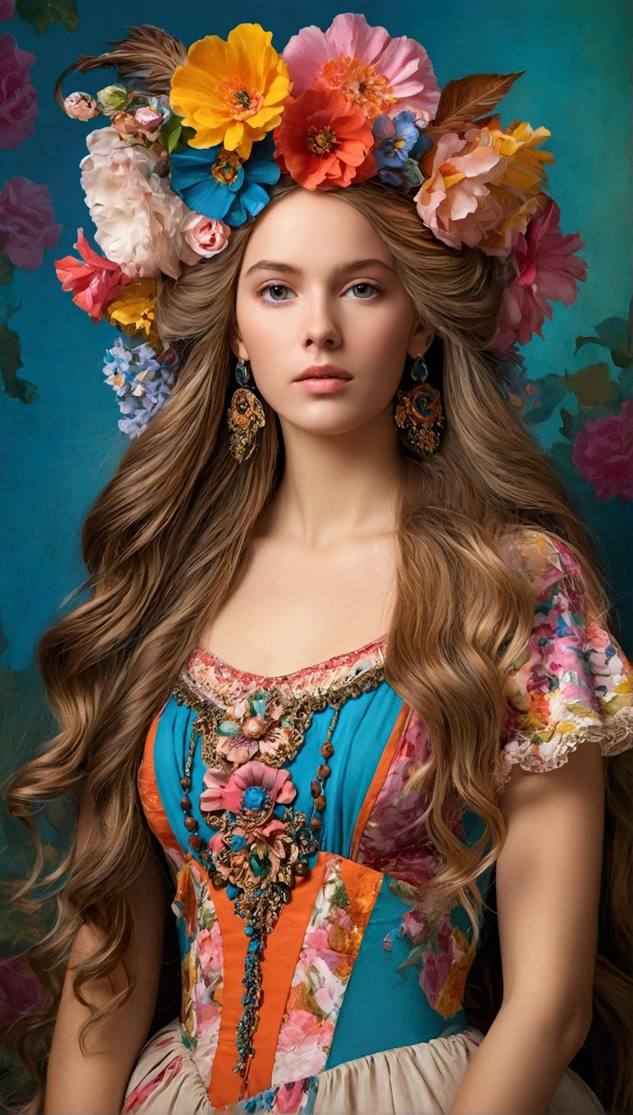 Stunning portrait of a young artistic woman named Friedrich Karl Groger. She is depicted in a bright and colorful setting, and hers are long, flowing hair is decorated with a beautiful floral headdress. She&#39;s wearing something romantic, flowy dress with intricate details, and her eyes are filled with a deep sense of emotion and creativity. The background is a combination of abstract shapes and colors, which complement her bright appearance.

