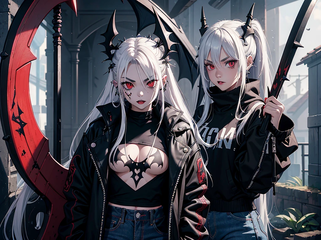 1girl, messy spiky white long hair, red eyes, septum piercing, eyebrow piercing, vampire fangs, ear piercings, wearing black punk jacket, wearing black baggy jeans, bat wings, holding giant scythe, high res, ultrasharp, 8k, masterpiece, looking at viewer