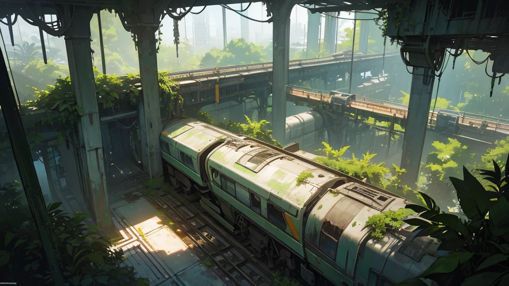 a large abandoned futuristic railway station hall, overgrown with plants, seen from above, detailed machinery, abandoned technology, futuristic architecture, moody lighting, lush vegetation, nature reclaiming the space, intricate details, atmospheric, cinematic, muted colors, high contrast, photorealistic, 8k, best quality, masterpiece