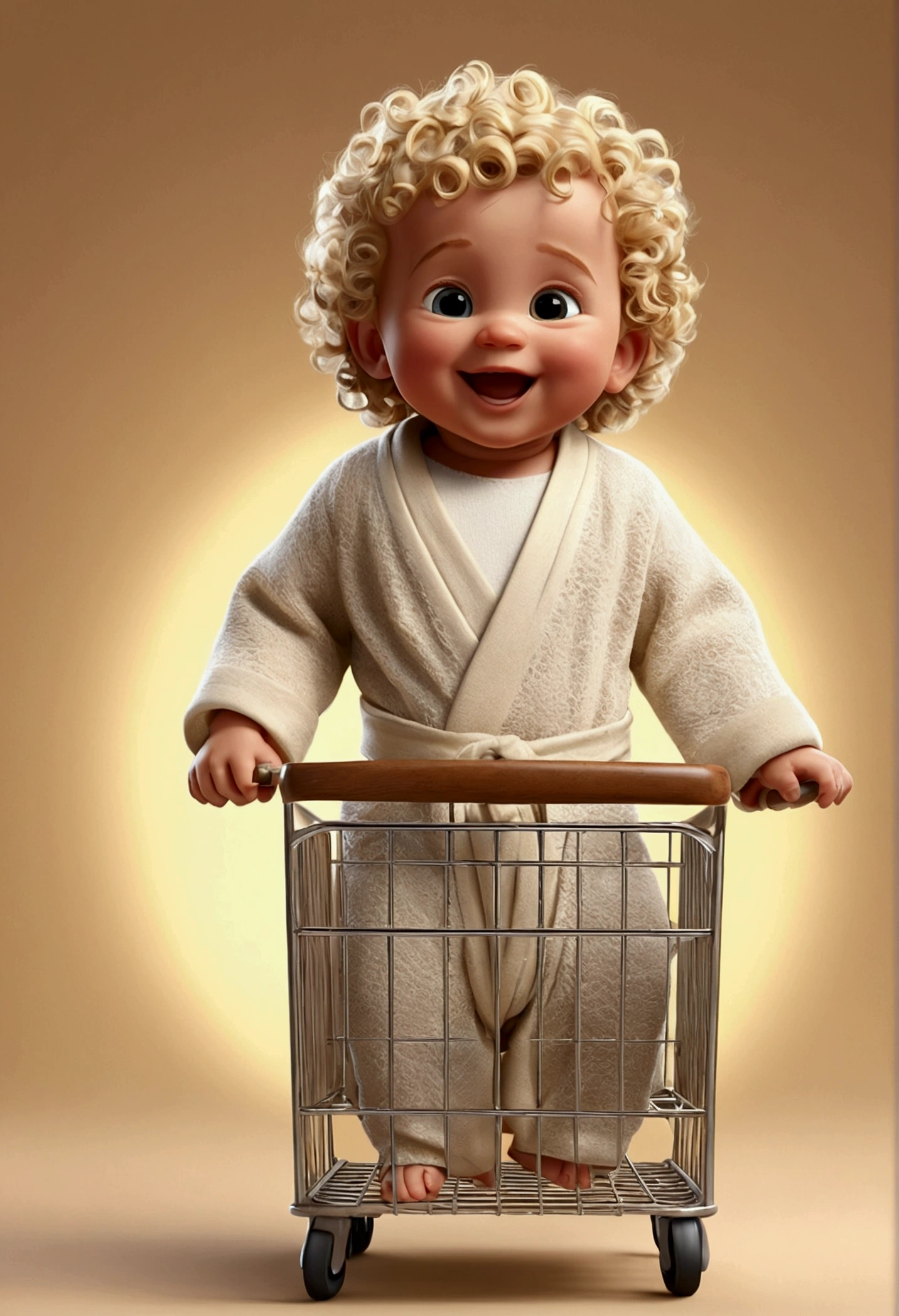 A happy newborn baby boy Jesus Christ with his hair standing on end LIGHT BLONDE CURLY, coloured background , TROLLEY CLOTHES for the , tom, Pixar-style, DISNEY ....3d, Cartoon s, face detailed, asymmetric 16k