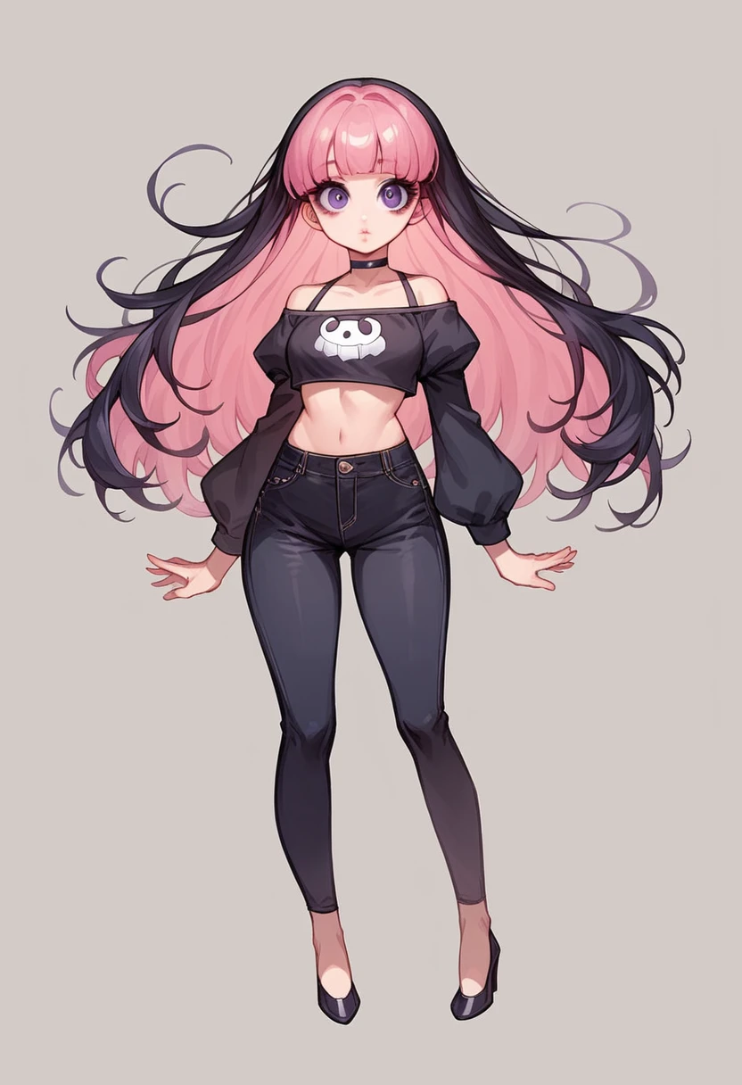 score_9, score_8_up, score_7_up, 1girl, ((full body)), ((curvy)), (((cute face))), long hair, bangs, black pink hair, ((black and pink hair)), ((black hair)), gorgeous purple eyes, big eyes, anime eyes, eyeliner, long lashes, soft and full lips, choker, jewelry, miniskirt, crop top, heels, (Jelly Art Style:0.2), ((anime style:0.8))