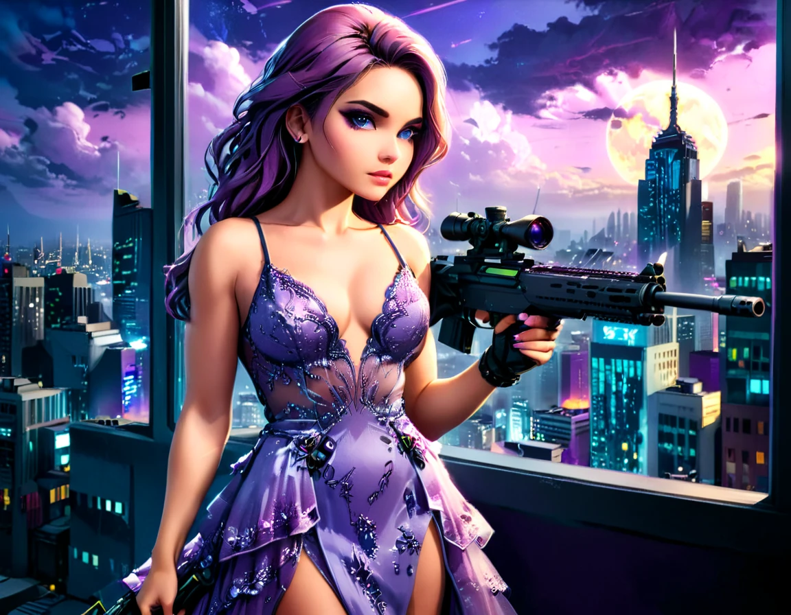 a portrait picture of a 1single woman sniper, standing in a window aiming a sniper rifle, an exotic beautiful woman sniper, dynamic hair, braided hair, full body shop, intense blue eyes, ultra detailed face, wearing (intricate lavender evening dress: 1.5), elegant dress, dynamic color, dynamic style, wearing elegant stiletto heels , behind a window in a tall building at nigh, holding a Light Sniper Rifle , cyberpunk city background, its night time, moon rays, some clouds,  (full body shot: 1.1) , vibrant, Ultra-high resolution, High Contrast, (masterpiece:1.5), highest quality, Best aesthetics), best details, best quality, highres, ultra wide angle, 16k, [ultra detailed], masterpiece, best quality, (extremely detailed) Sniper Rifle, evening dress, ZipFile Comi Style
