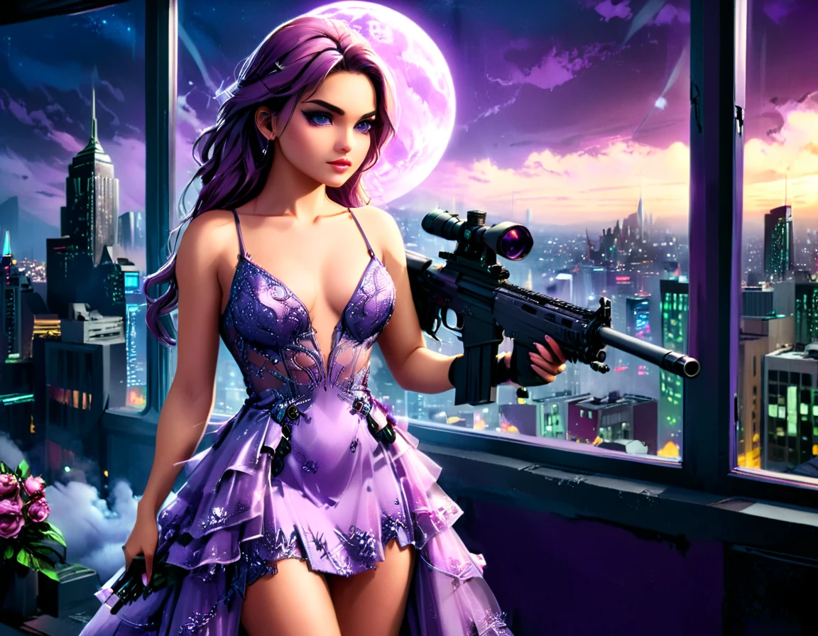a portrait picture of a 1single woman sniper, standing in a window aiming a sniper rifle, an exotic beautiful woman sniper, dynamic hair, braided hair, full body shop, intense blue eyes, ultra detailed face, wearing (intricate lavender evening dress: 1.5), elegant dress, dynamic color, dynamic style, wearing elegant stiletto heels , behind a window in a tall building at nigh, holding a Light Sniper Rifle , cyberpunk city background, its night time, moon rays, some clouds,  (full body shot: 1.1) , vibrant, Ultra-high resolution, High Contrast, (masterpiece:1.5), highest quality, Best aesthetics), best details, best quality, highres, ultra wide angle, 16k, [ultra detailed], masterpiece, best quality, (extremely detailed) Sniper Rifle, evening dress, ZipFile Comi Style
