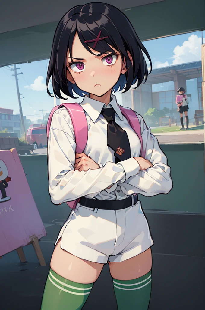 (masterpiece, best quality:1.2), cowboy shot, solo, 1girl, misako \(rcg\), expressionless, closed mouth, looking at viewer, crossed arms, white shirt, shirt tucked in, long sleeves, necktie, black shorts, green thighhighs, pink backpack