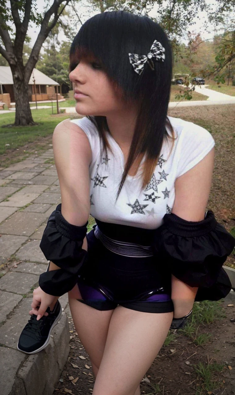A hyper-realistic, hyper-detailed, immersive, micro and macro quality, 64k UHD, life accurate, image of a young teenage emo girl, wearing a white shirt and purple short shorts, standing in her yard.