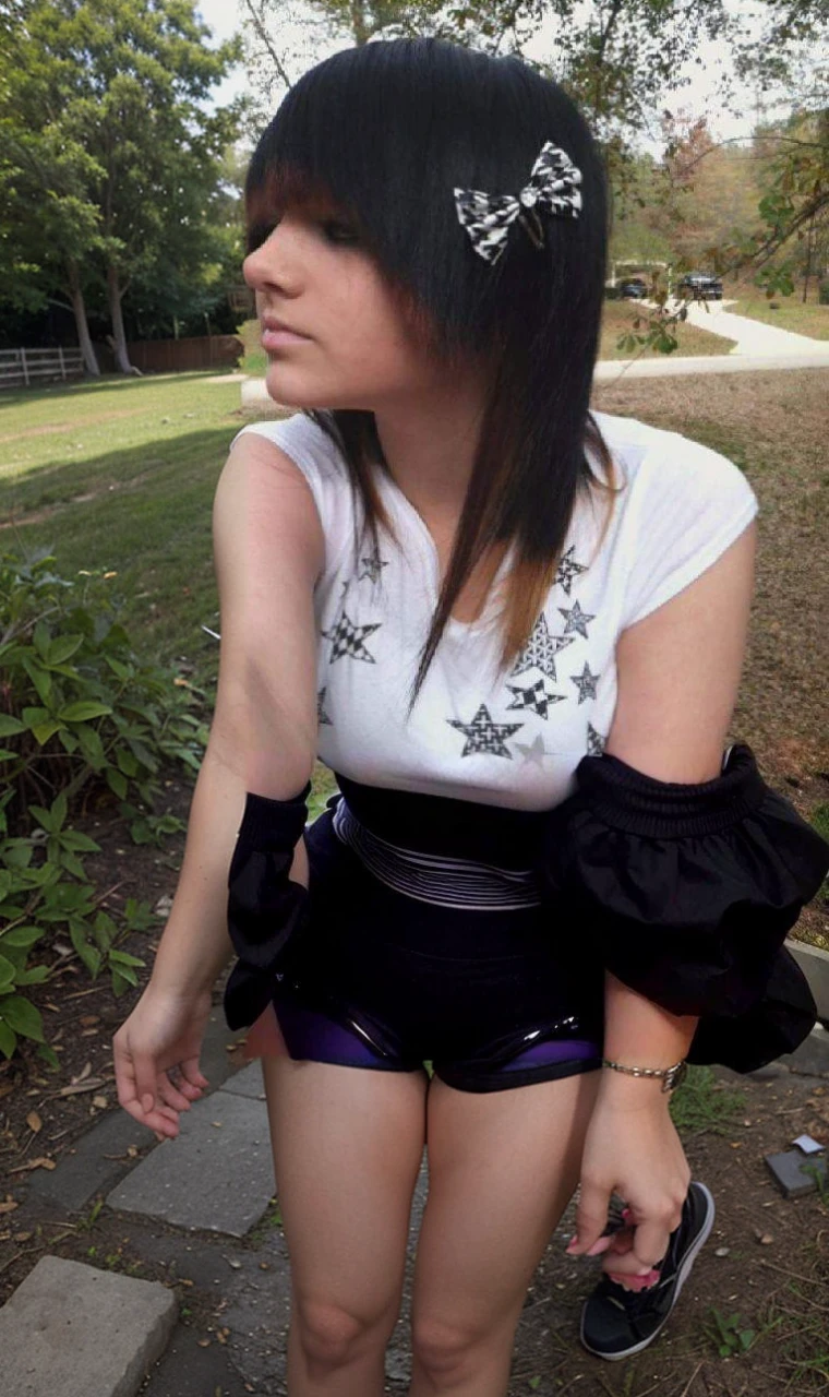 A hyper-realistic, hyper-detailed, immersive, micro and macro quality, 64k UHD, life accurate, image of a young age emo girl, wearing a white shirt and purple short shorts, standing in her yard.