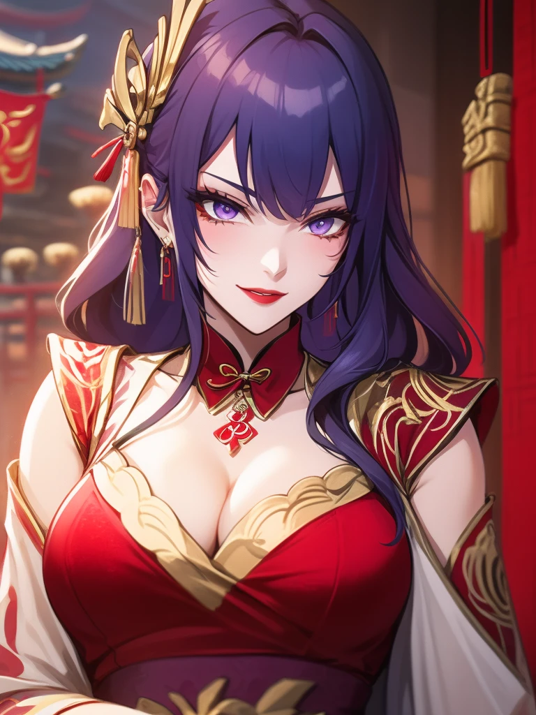 score_9, score_8_up, score_7_up, score_6_up, score_5_up, score_4_up, Raiden shogun, purple eyes, purple long hair, tied hair, hair in a bun, hairpin, traditional Chinese red wedding hanfu dress, Yourqipao Red Embroidery Chinese Xiuhe Hanfu Women's Satin Cheongsam Ancient Traditional Chinese Bride, Wedding Dress, Long Dresses, Long Earrings, Red Lipstick, Detailed Eyes, Traditional Wear, Sexy Attractive, Hot, Traditional, Smiling Wide, Happy, Blush, Gold Jewelry, Gold Earrings, Gold Headpiece and Ring, Gold Necklace, Gold Trimmed hanfu, beautiful bride.