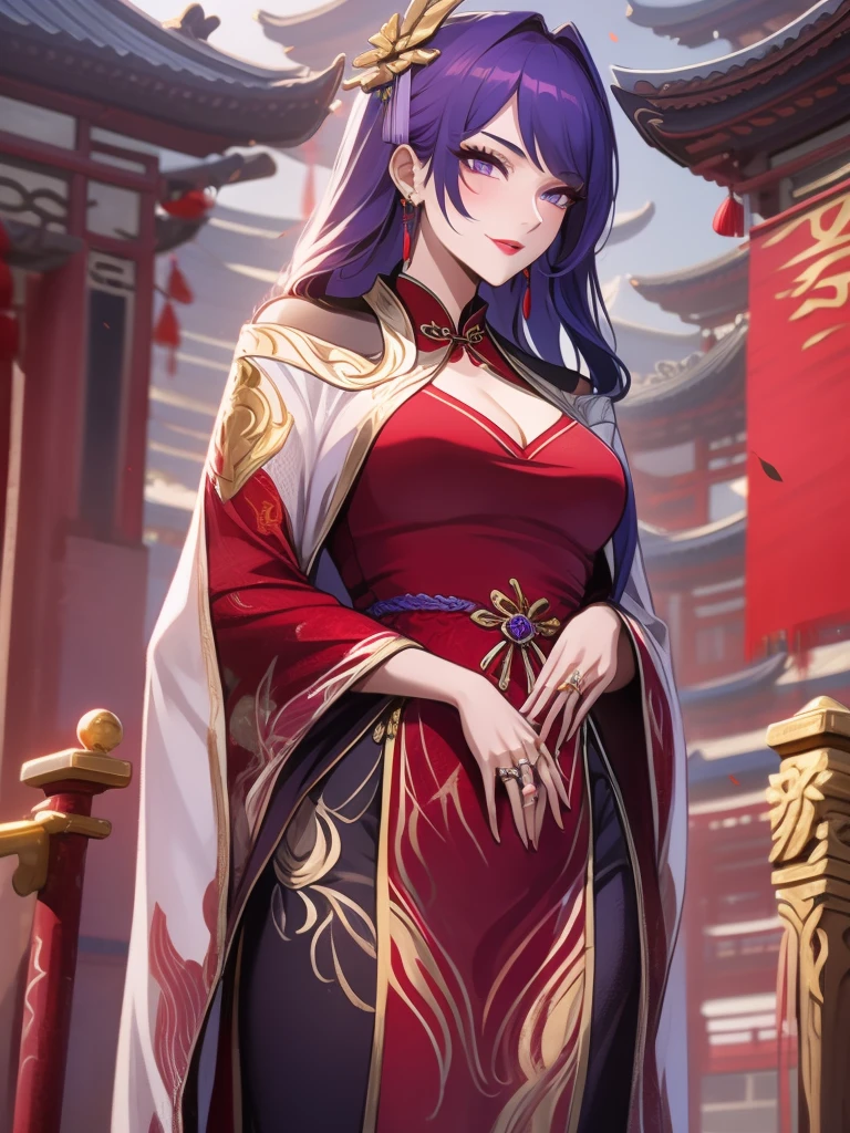 score_9, score_8_up, score_7_up, score_6_up, score_5_up, score_4_up, Raiden shogun, purple eyes, purple long hair, tied hair, hair in a bun, hairpin, traditional Chinese red wedding hanfu dress, Yourqipao Red Embroidery Chinese Xiuhe Hanfu Women's Satin Cheongsam Ancient Traditional Chinese Bride, Wedding Dress, Long Dresses, Long Earrings, Red Lipstick, Detailed Eyes, Traditional Wear, Sexy Attractive, Hot, Traditional, Smiling Wide, Happy, Blush, Gold Jewelry, Gold Earrings, Gold Headpiece and Ring, Gold Necklace, Gold Trimmed hanfu, beautiful bride.