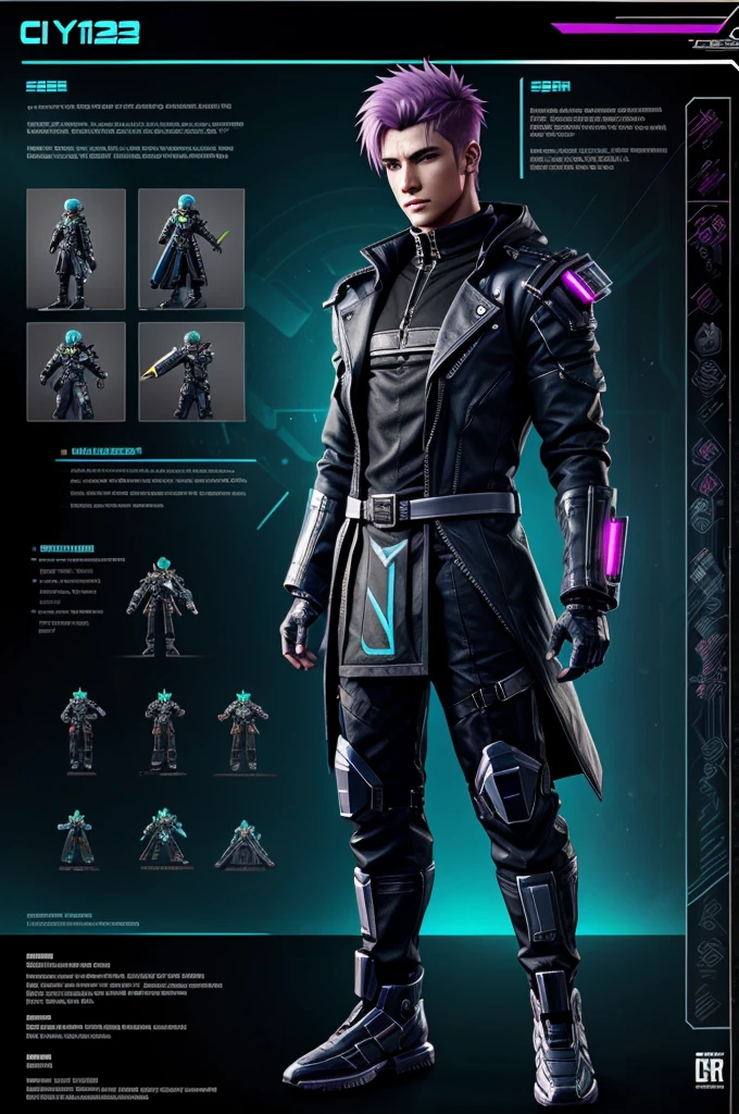 Character designs of a cyber punk character. Male character. Character concept. Character sheet. 