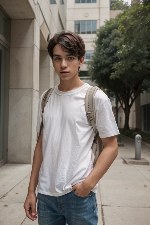portrait of a boy, offwhite, clear eyes, jeans and white shirt, backpack on back, in front of a college building