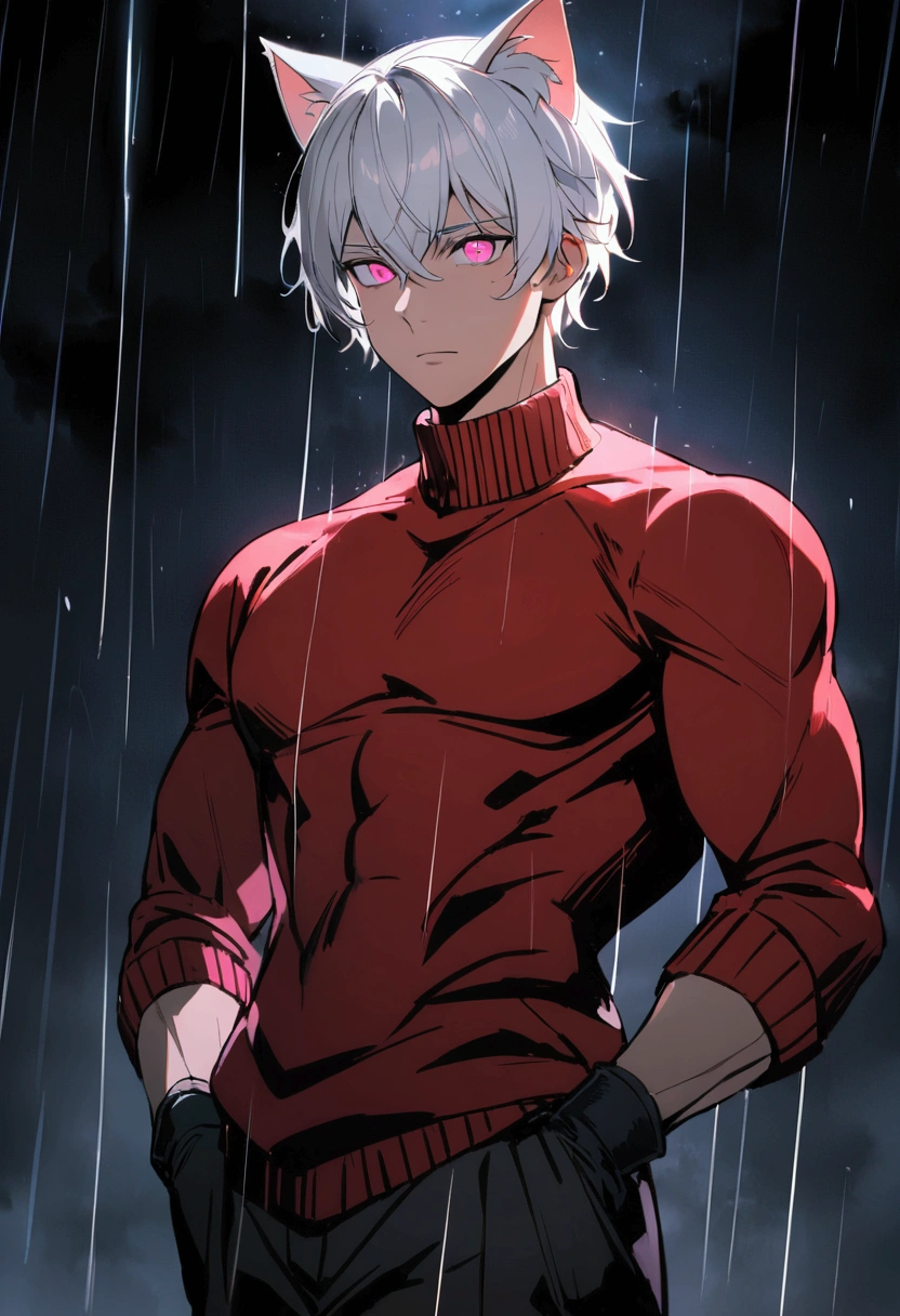 1 men, short white hair, pink eyes, Kitten ears, wearing a red sweater, wearing gloves, slightly muscular body, at night, raining, front view, on a plain , Hand in pockets, 4K, bright coloured, tall quality, close up no rosto, pretty detailed eyes, well-detailed face