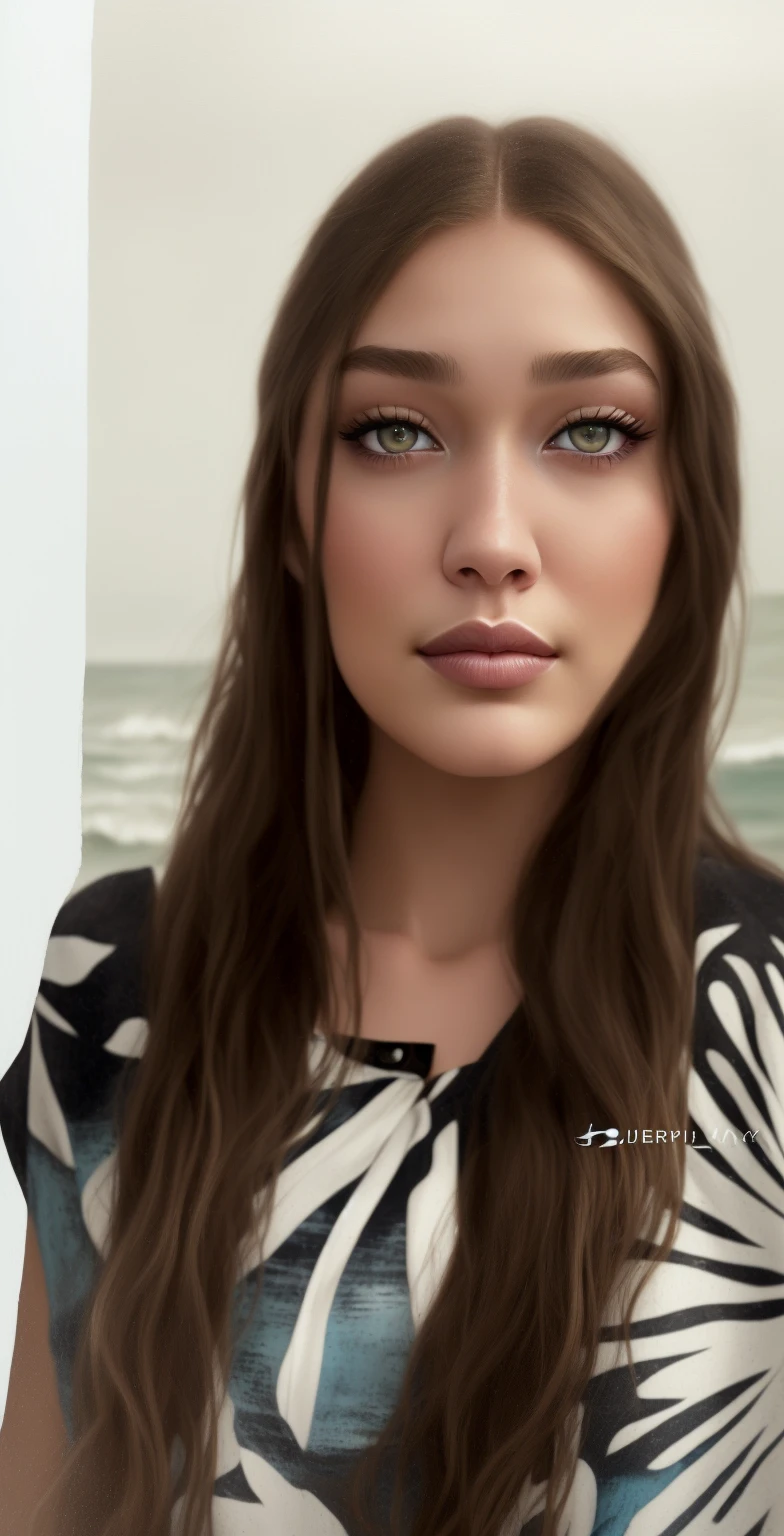 (sharp focus:1.2), photo, attractive young GigiHadid, (beautiful face:1.1), detailed eyes, luscious lips, (cat eye makeup:0.85), (smile:1.2),  wearing (romper:1.2) on a (beach:1.2). depth of field, bokeh, 4K, HDR. by (James C. Christensen:1.2|Jeremy Lipking:1.1).